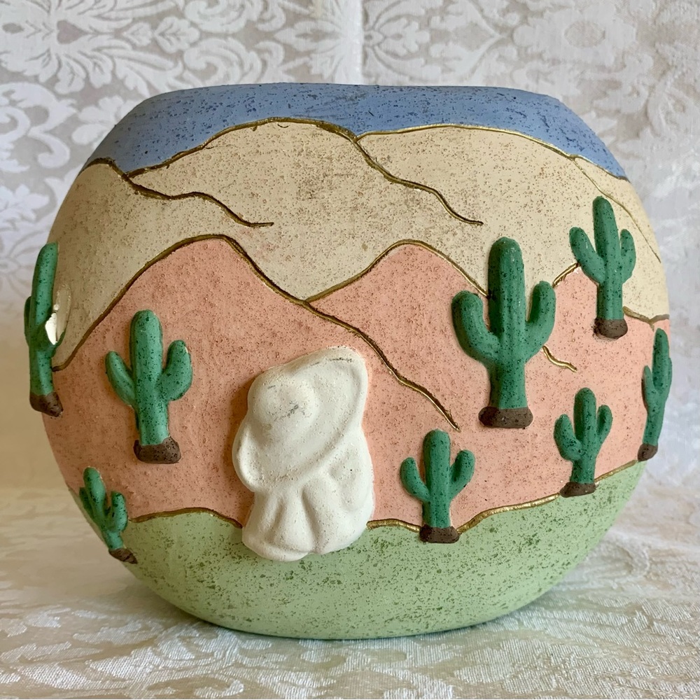 Vera Russell Southwestern Pottery Vase with 22k Gold Trim Accents Signed Damaged